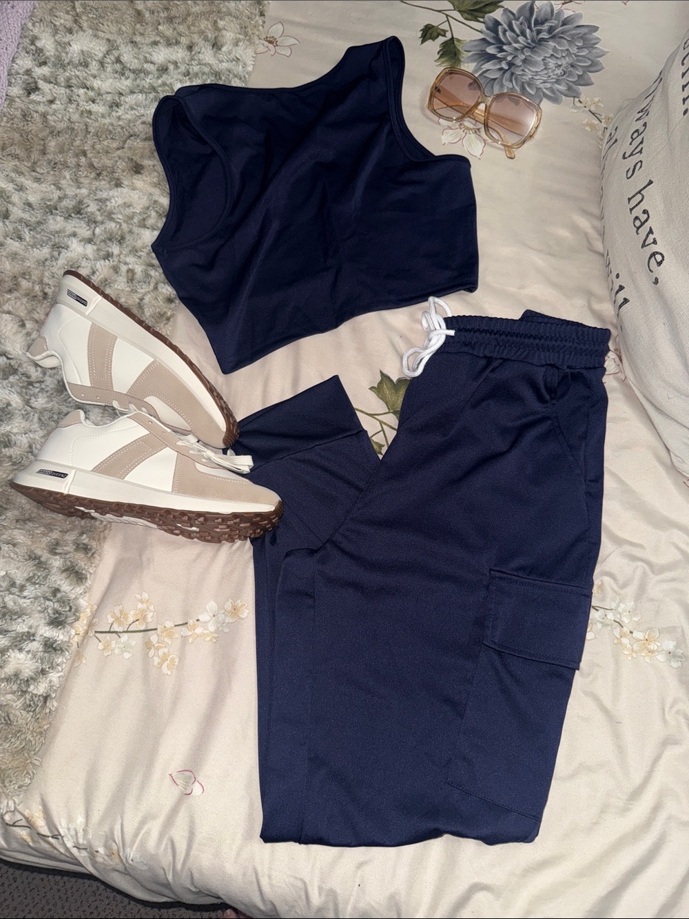 Navy Crop Tank and High-Waist Cargo Joggers Set - Women